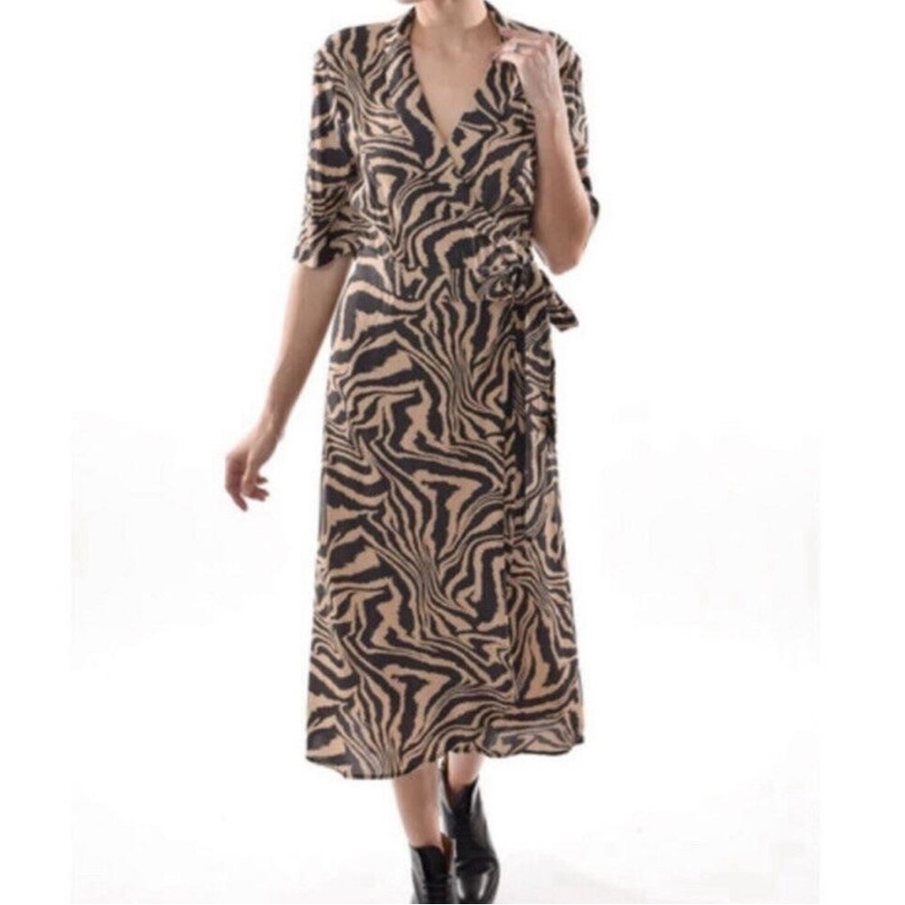 GANNI Tiger print wrap dress brown black